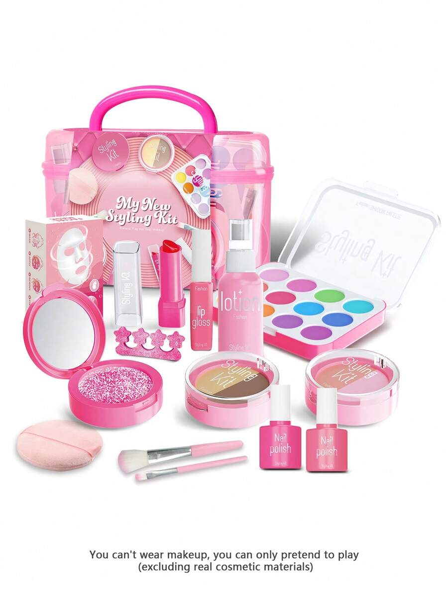 Juego de cosméticos para niños y niñas pequeñas, maquillaje infantil, lápiz labial, rubor en polvo para el rostro, set de cosméticos infantiles, maquillaje de simulación de juguete (no cosméticos reales), juguetes adecuados para niñas de 3 a 9 años, regalos de cumpleaños y regalos festivos ideales para niñas