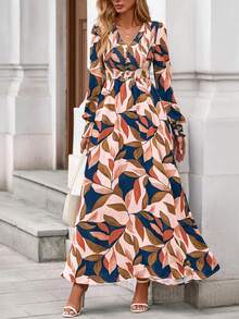 Women Fall Maxi Dresses Floral V Neck Long Sleeve Smocked Boho Long Dress Elegant Vacation Homecoming Wedding Guest Valentine Outfits - 卡其色樹葉 - 查看 4