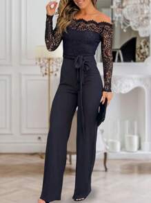 ChicMe Damjumpsuit med långa ärmar och kontrastfärgad spets, dragkedja i midjan, elegant, avslappnad enfärgad jumpsuit, lämplig för dejter och affärstillfällen - Svart - Visa 2