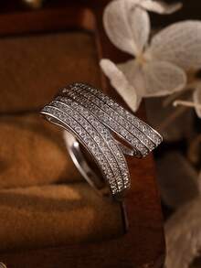 Gift Box Set Elegant Shiny Micro-Inlaid Diamond Line Crossing Design Gold Ring, Multiple Sizes Available, Suitable For Women Wedding Party, Valentine's Day Gift - Silver 2 - View 4