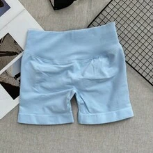 女士高腰无缝瑜伽短裤 - 弹力提臀，适合跑步、健身和户外活动 | 时尚外观 | 弹力面料 - 淺藍色 - 查看 4