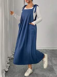 Đầm midi nữ cỡ lớn in hoa, hai túi, dây đeo, kiểu dáng thanh lịch mùa hè. - Màu xanh lam - Xem 6