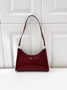 Bolsa de ombro feminina com estampa geométrica em relevo, cor sólida, com zíper e abertura sob o braço. Bolsa de ombro com relevo, bolsa retrô moderna com zíper, bolsa casual impermeável, ideal para jovens, mulheres, estudantes universitárias, profissionais em início de carreira e executivas. Perfeita para o escritório, trabalho, negócios, deslocamentos diários e outras ocasiões. Uma excelente opção de bolsa para o trabalho. - Borgonha - Ver 3