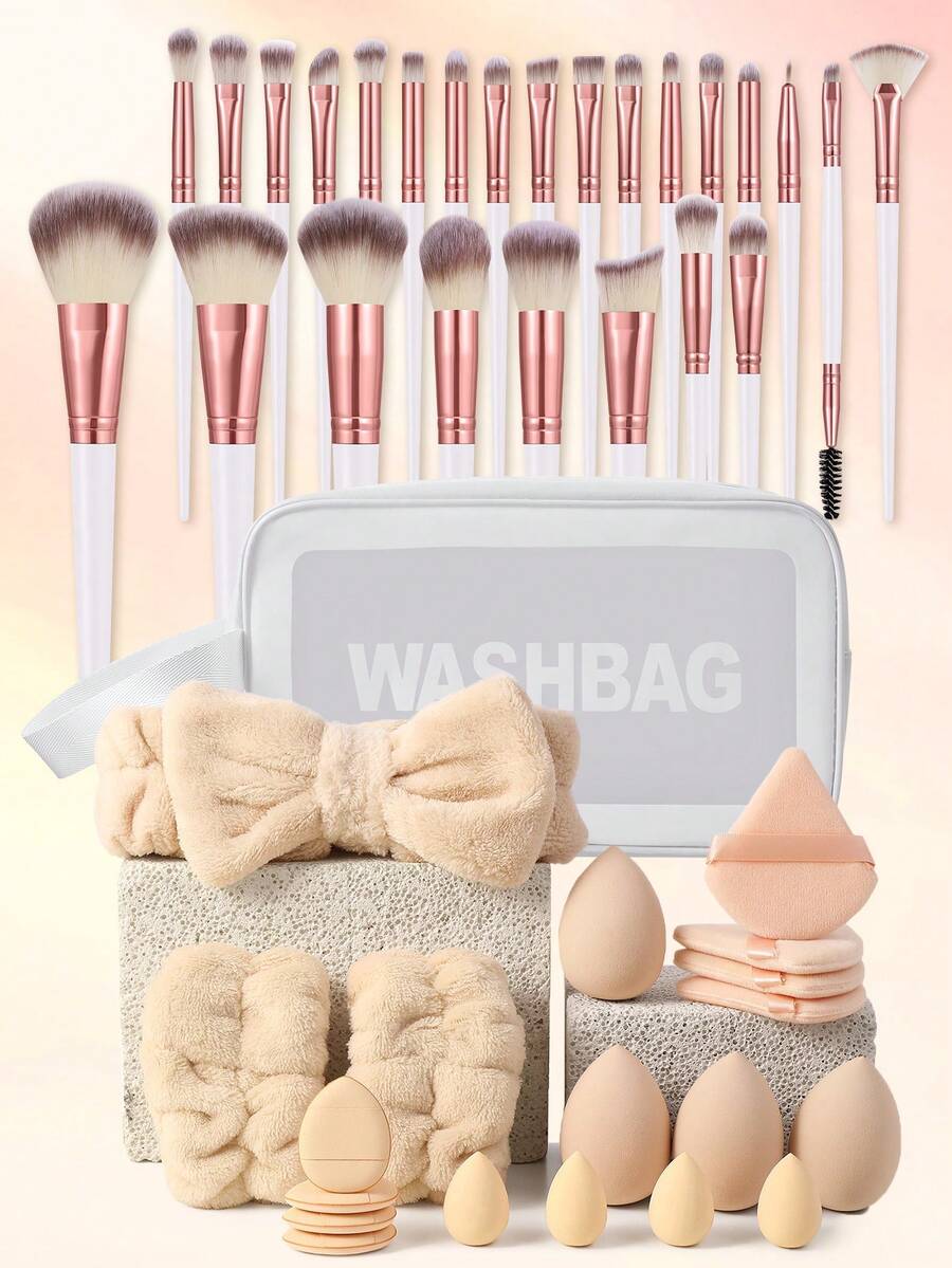 45件套面部化妆工具套装，包含25支化妆刷、化妆包、发带、腕带、4个大号化妆海绵、4个迷你化妆蛋、4个扇形粉扑和4个拇指粉扑。套装包含：化妆刷套装、化妆刷套装、全套化妆工具、化妆刷套装、化妆礼盒套装。 - 彩色 - 查看 1