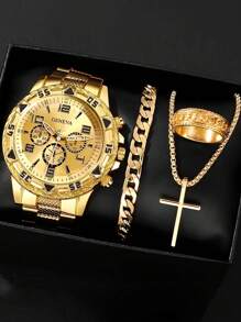 4pcs Luxury Gift Set For Men: Stainless Steel Quartz Watch, Cross Pendant Necklace, Bracelet And Ring, Perfect Business Casual Accessories, Ideal Gift For Him - Suitable For Leisure And Sports