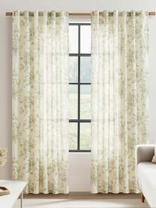 Vangao 2 Pcs Semi-Sheer Linen Butterfly Flower Printed Rod Pocket Curtains French Country Vintage Curtain Panpel Lightweight Light Filtering Well Made Good Color And Quality Drapes Provide Privacy Farmhouse Window Treatments - màu xanh lá - Xem 2