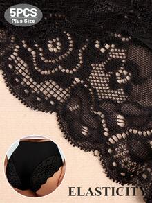 MEIYATING 5pcs/Pack Plus Size Women's Lace Panties, High Waist Tummy Control, Floral Hollow Out Sexy Underwear - Black - View 4