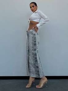 Women's Midi Snake Print Front Spilt Denim Skirt - White - View 7