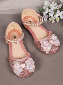 1 双时尚百搭粉色女孩珍珠和水钻蝴蝶结装饰可爱平底凉鞋，圆头，适合日常穿着、跳舞、春秋季户外穿着，闪光装饰包头公主鞋，尺码偏小半码 - 粉色 - 查看 3