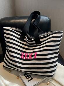 1pc Customized Striped Canvas Tote Bag, Printable With Your Name, Large Capacity Commuter Handbag, College Style Fits A4 Textbooks, Thick Canvas Anti-Wrinkle, Suitable For Office Ladies, Mothers, Beach Trips, Christmas Gift - Black and White - View 4