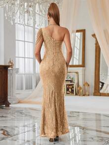 One Shoulder  Sequin Formal Dress Evening Gown Wedding Guest Dress For Birthday, Wedding Guest,  Dinner - Vàng - Xem 2