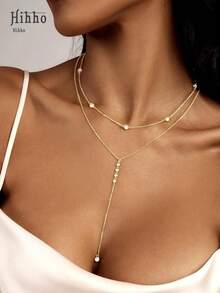 Hihho 1 件双层金项链，闪亮锆石装饰吊坠，女士精致长项链镀金多股串珠链，Y 形身体链，堆叠吊坠，婚礼项链，简约黄金珠宝礼物 - 金黃色 - 查看 4