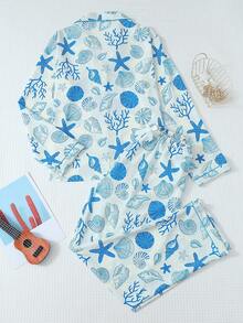 Set de pijamale 2 buc pentru femei cu imprimeu de scoici și stele de mare, top și pantaloni cu guler cu nasturi și mânecă lungă, pijamale casual pentru casă, costum de toamnă/iarnă, haine de toamnă