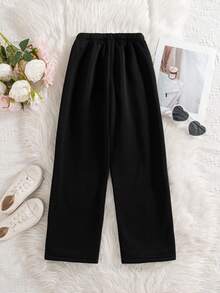 Tween Girls Casual Solid Color Faux Drawstring Embroidered Cartoon Pattern Elastic Waist Thermal Lined Pants & Oversized Hoodie, Autumn/Winter