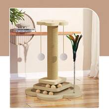 Sisal Cat Scratching Post - 4 In 1 Wooden Cat Scratcher Toy Scratch Post, Scratcher Post With Cat Turntable For Indoor Cats - Beige - View 4