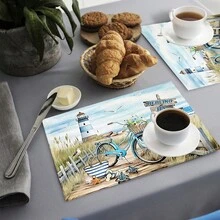 1 pieza/4 piezas/6 piezas Manteles individuales de lino con estampado de bicicleta vintage, decoración del hogar, adecuados para mesa de comedor, todo el año, manteles individuales lavables modernos, decoración de habitaciones, posavasos, manteles de mesa de cocina, decoraciones de fiesta interior/exterior, decoración del hogar, regalo ideal