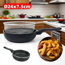 Sartén de aluminio con mango, antiadherente, equipada con una red de filtro desmontable, que facilita el filtrado del aceite, Ideal para freír patatas fritas, pollo frito, servir fideos, Disponible en varias dimensiones, utensilios de cocina, ollas y sartenes - Apto para todo tipo de utensilios y lavavajillas - Negro - Ver 1