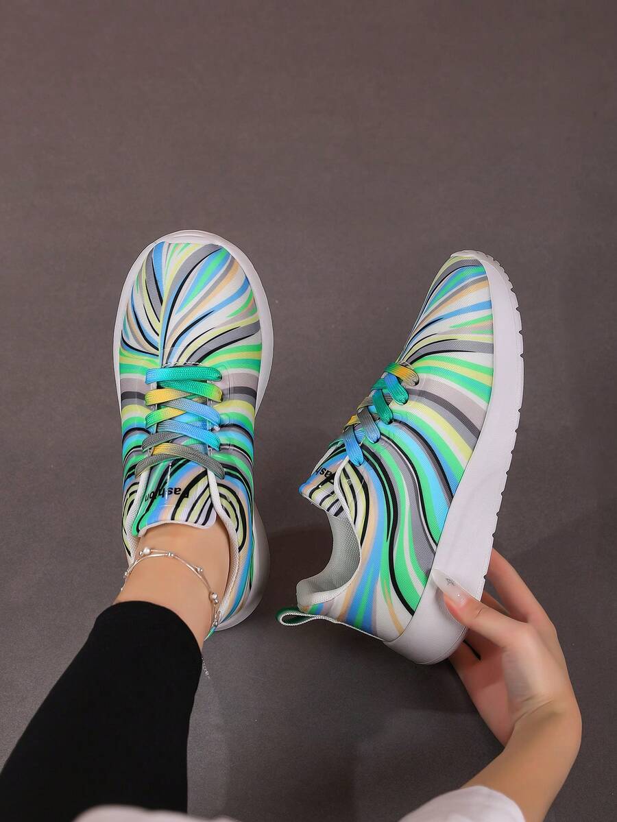 1 Pair Women's Colorful Casual Sneakers, Round Toe Outdoor Lace-Up Leather Shoes, Spring/Autumn