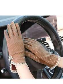 1双女士小圆点蕾丝防紫外线防滑驾驶手套，薄款触摸屏丝绸长手套秋季配饰 - 彩色 - 查看 6