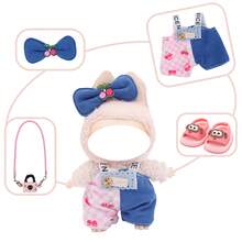 Latzhosen-Set mit Haarzubehör, Umhängetasche, Schuhe (ohne Plüschpuppe, nur Kleidung und Accessoires)