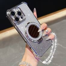 Nuevo estuche antichoque de 4 esquinas para teléfono + cuerda colgante con perlas rosas brillantes + espejo de maquillaje circular rosa brillante con soporte magnético integrado compatible con iPhone 6/7/8/X/XS/XR/11/12/13/14/15/16, Galaxy S22/23/24, A04/05/06/A14/A15/A16/A24/A25/A34, Redmi Note 7/8/9/10/11/12/13, Redmi 9/10/12/13C, OPPO, MOTO, Honor X, HW, Realme C53 C55