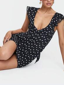 Women Y2k Dot Print Tank Mini Dress Flying Sleeve V Neck Ruffle Hem Bodycon Short Dress Summer Backless Slim Fit A-Line Going Out Dresses For Daily Party Club Wear - 黑色 - 查看 7