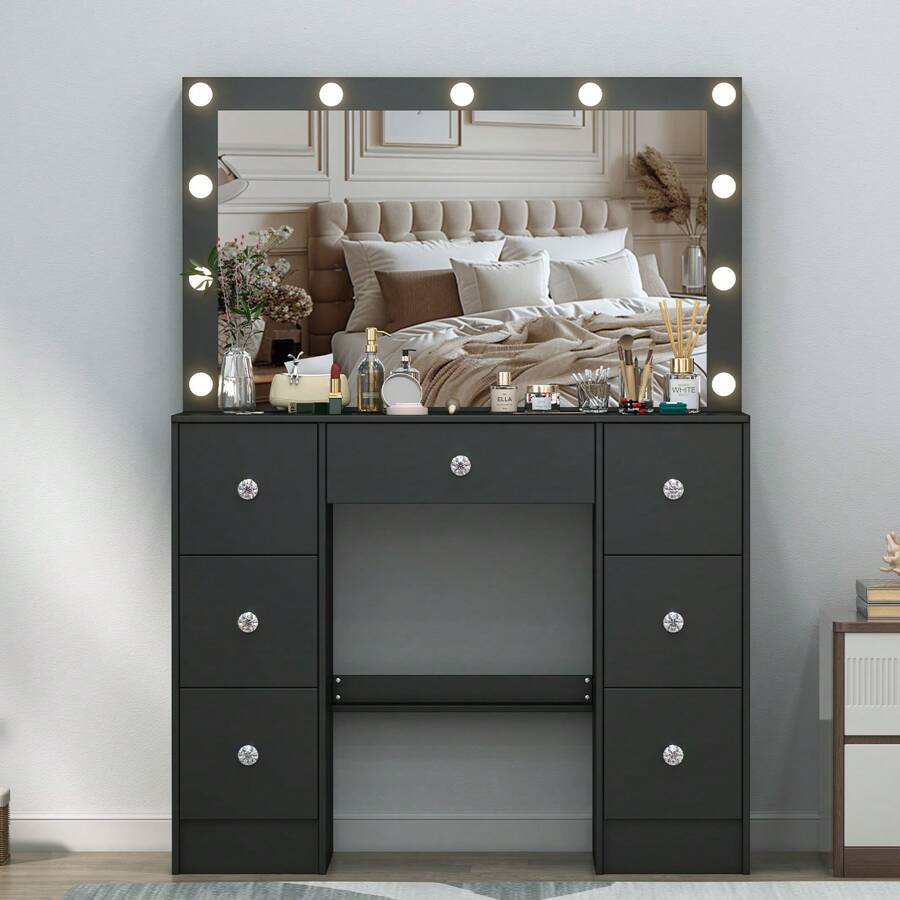 Vanity Makeup Desk Large Dressing Table 11 LED Bulbs Lighted Mirror And 7 Drawer - 黑色 - 查看 1