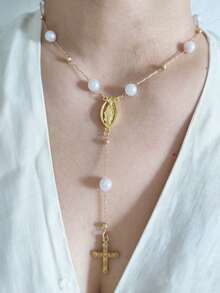 1pc Retro Golden Cross, Jesus Pendant Necklace, Faux Pearl Y-Shaped Beaded Necklace, Long Necklace For Women, Suitable For Daily Gatherings, Fashionable Commuting (Random Number Of Beads)
