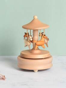 1pc Rotating Carousel Music Box With Round Base, Requires Pressing Switch And Turning Bottom Mechanism To Activate