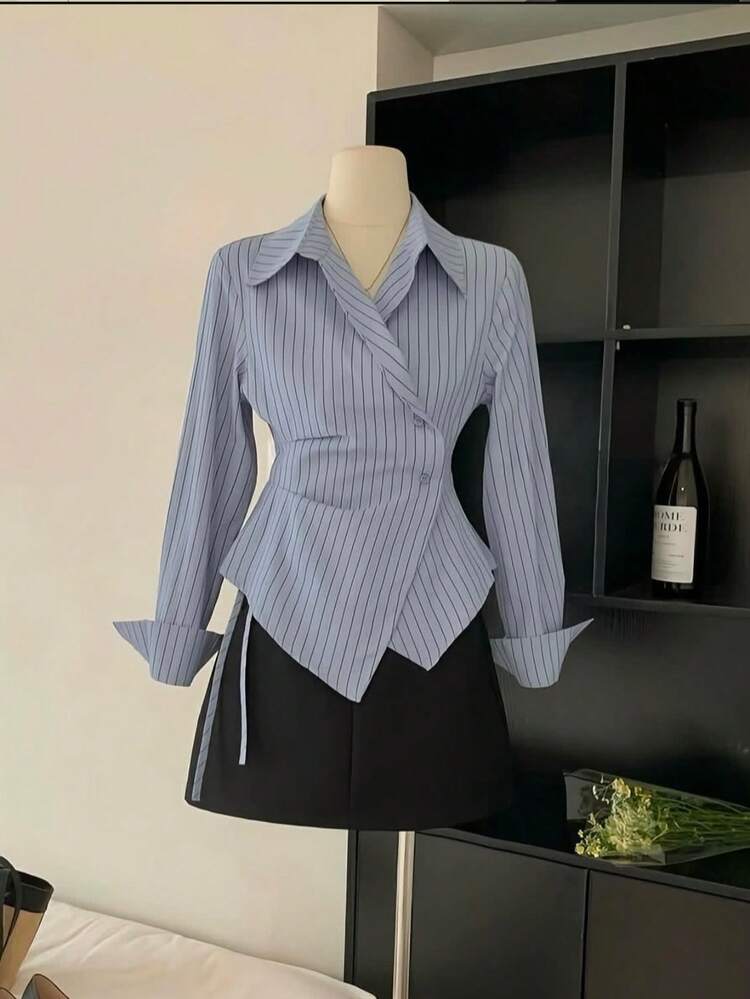 Damen Lässig Pendler gestreiftes Muster Wickel Knopf Vorne Asymmetrischer Saum Hemd, Frühling/Herbst - Graublau - Übersicht 3