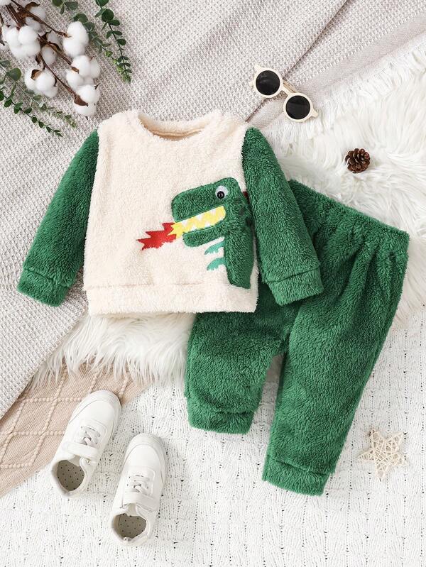Cute Dinosaur Attack! Winter Baby Boy Cartoon Dinosaur Plush Outfit, Green & White Contrast Color Adorable, Fashionable And Warm, Suitable For Daily Wear