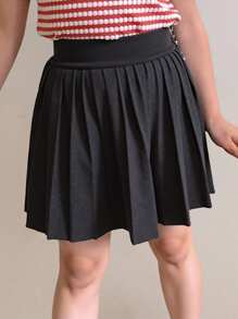 Dazy Kids تنورة محبوكة ذات خصر مطاطي مطوية أنيقة بلون أحادي للفتيات الصغيرات