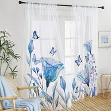 2 pezzi di tenda velaria semi-trasparente e leggera, 52" di larghezza x 63" di lunghezza, con stampa floreale semplice di farfalle e uccelli, tende decorative in voile dal design moderno e semplice - Multicolore - Visualizzare 6