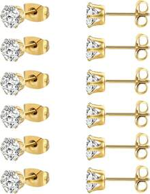 MDFUN 6 Pairs Stud Earrings Sets 3-8MM 18K Gold Plated Round 5A+ Cubic Zirconia Earrings CZ 6 Prong Ears Jewelry Women - 7MM-黃金 - 查看 1