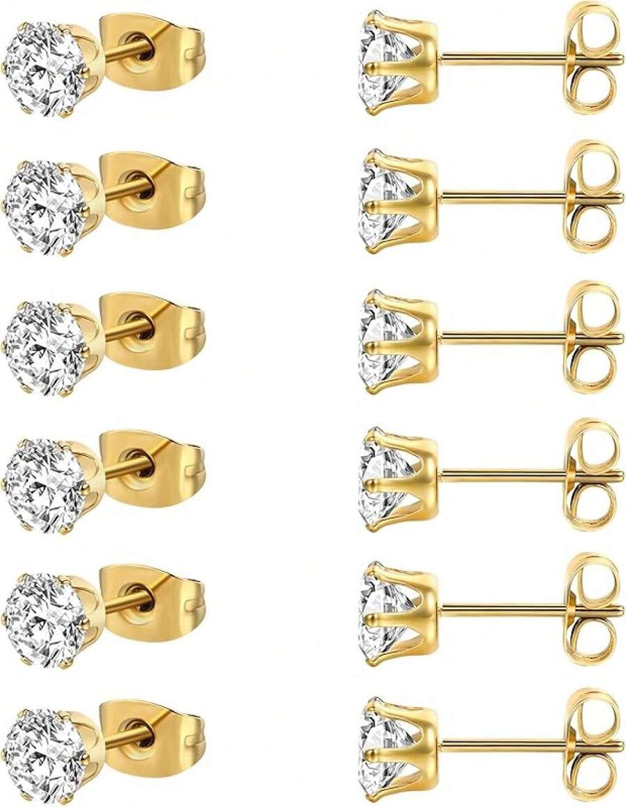 MDFUN 6 Pairs Stud Earrings Sets 3-8MM 18K Gold Plated Round 5A+ Cubic Zirconia Earrings CZ 6 Prong Ears Jewelry Women - 7MM-黃金 - 查看 1