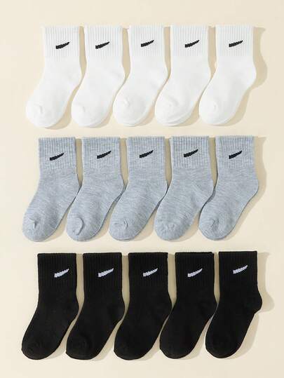 10 双儿童纯色黑/白/灰色透气日常/运动中筒袜，适合返校