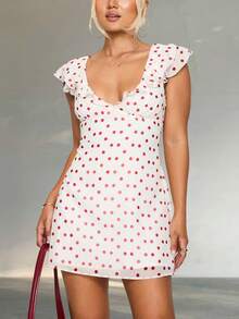Women Y2k Dot Print Tank Mini Dress Flying Sleeve V Neck Ruffle Hem Bodycon Short Dress Summer Backless Slim Fit A-Line Going Out Dresses For Daily Party Club Wear - trắng - Xem 1