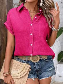Women's Casual Cotton Short Sleeve Shirt With Buttons And Pocket - 玫紅色 - 查看 2