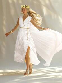 Ancient Greek Goddess Costume, White Velvet Maxi Dress With Gold Accents, Roman Toga Style Halloween Cosplay Gown - 白色 - 查看 3