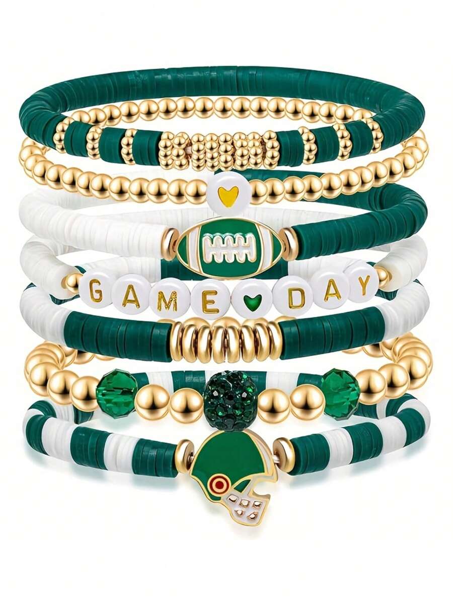 7Pcs/Set Game Day Stackable Sports Rugby Charm Bracelet Jewelry For Women Men - Perfect For Football Fans - Green - View 1