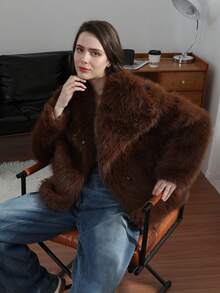 HH Faux Fur Jacket For Women Elegant Solid Lapel Long Sleeve Coat Casual Loose Female Winter Oversize Lady Chic Streetwear Jakcets - 紫紅色 - 查看 8