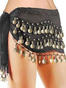 Performance Dance Hip Accessory With Dangling Coins, Belly Dance Scarf - Black - View 1