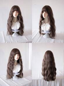 28" Cool Tone Brown Retro Egg Roll Curls Wig With Bangs- Voluminous Long Barrel Waves Synthetic Hair For Party Cosplay Daily Wear& All Skin Tones. - Brown - View 9