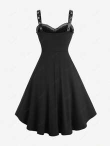 Halloween Costumes Rosegal Women Plus Size Gothic Lace-Up PU Leather Patchwork Flocking Midi Dress Buckles Lace Trim Vintage Goth Midi Dress