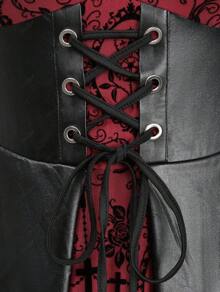 Halloween Costumes Rosegal Women Plus Size Gothic Lace-Up PU Leather Patchwork Flocking Midi Dress Buckles Lace Trim Vintage Goth Midi Dress