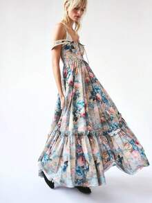 Women Slip Dress Sleeveless Floral Pleated Swing Dress Summer Long Vacation Dress - Blue - View 3