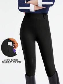 Damskie, obcisłe spodnie jeździeckie z wysokim stanem i jednolitym kolorem, wyszczuplające, miękkie i wygodne, antypoślizgowe i trwałe, z elastycznej tkaniny, kieszenie boczne, odpowiednie do treningu jeździeckiego na świeżym powietrzu i do codziennego noszenia