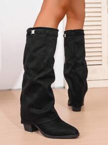 Fall/Winter 2025 Women's Pointed Toe Thick Heel Wedge Sexy Pants Style Boots, Retro Over-The-Knee High Boots,Match Leggings,Black Boots - Black - View 5