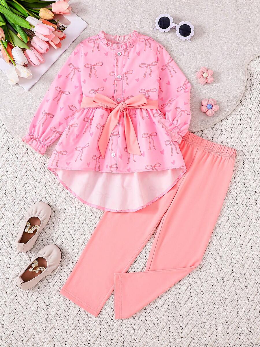 3pcs Girls' Spring/Autumn Ruffled Collar Swallow-Tailed Shirt Top, Belt & Leggings 3 Pieces Set (Shirt, Pants And Belt)