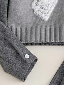 3 件套 Tween 女童蝴蝶结贴花纹理毛衣背心、长袖衬衫和百褶裙套装，秋季 - 灰色 - 查看 6